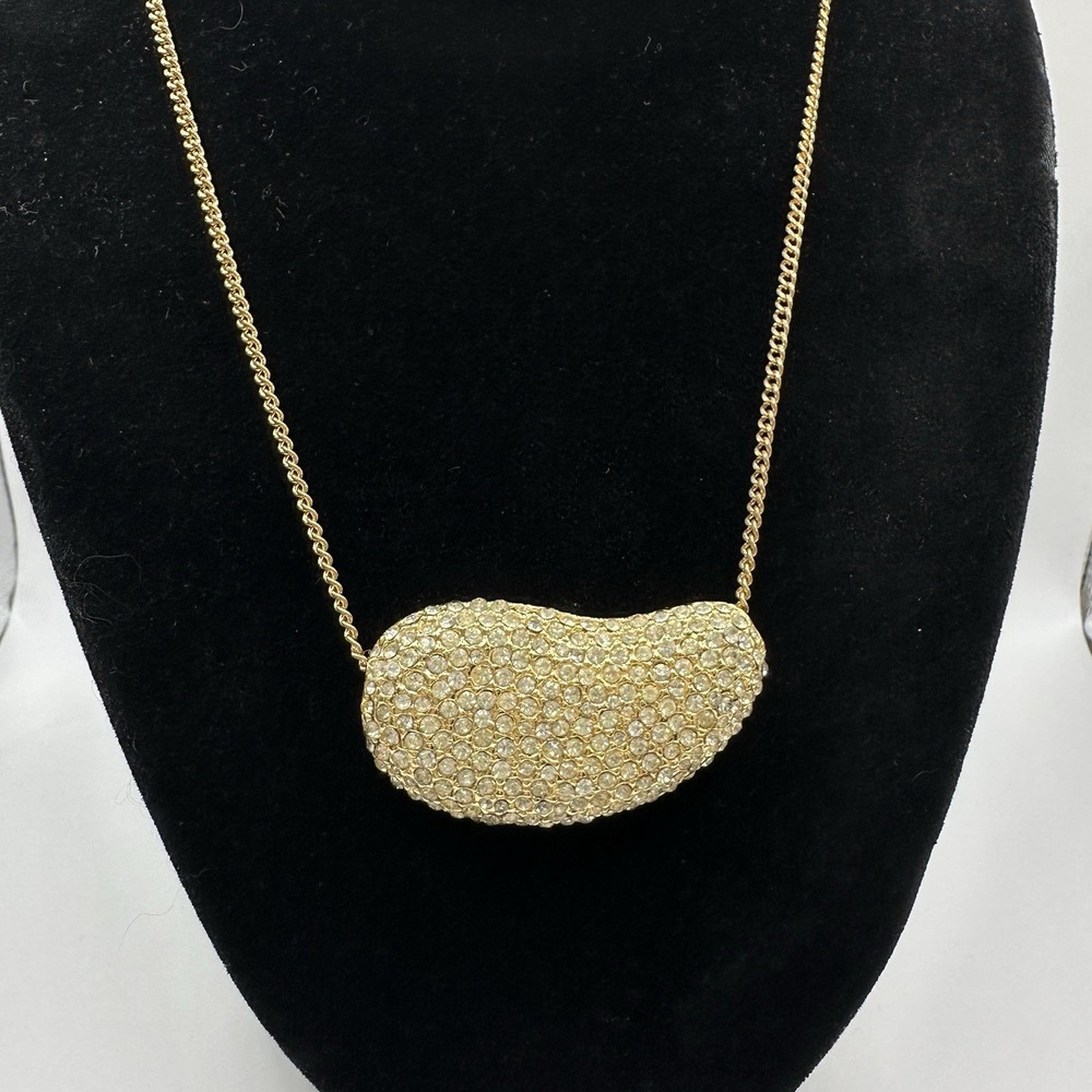 Les Bernard Rhinestone Pave Kidney Bean Slide Pendant Necklace Gold Tone 18"